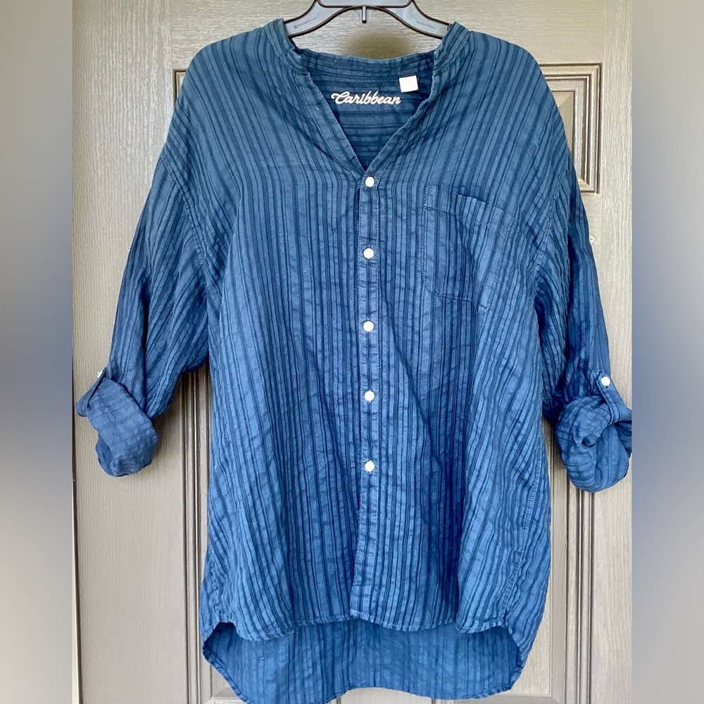 Men’s Caribbean Brand Mandarin Collar Casual 5 Button Shirt Navy Blue Size XL